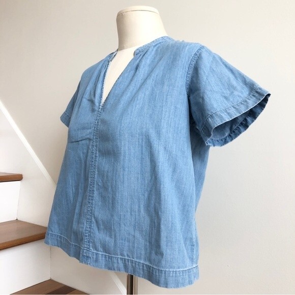 Madewell Blouse Womens Size XXS Blue Chambray Short Sleeve V Neck Oversized Boxy - Picture 5 of 11